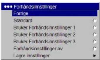 Forhåndsinnstillinger Forlge Standard Bruker Forhåndsinnstillinger 1 Bruker Forhåndsinnstillinger 2 Bruker Forhåndsinnstillinger 3 Forhåndsinnstillinger av Lagre Innstillinger