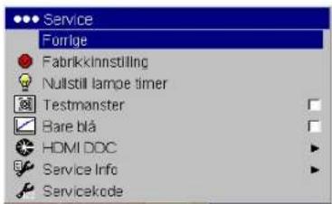 Service Furlge Fabrikkinnstilling Nullstill lampe timer Testmanster Bare blå HDMI DOC Service Info Servicekode