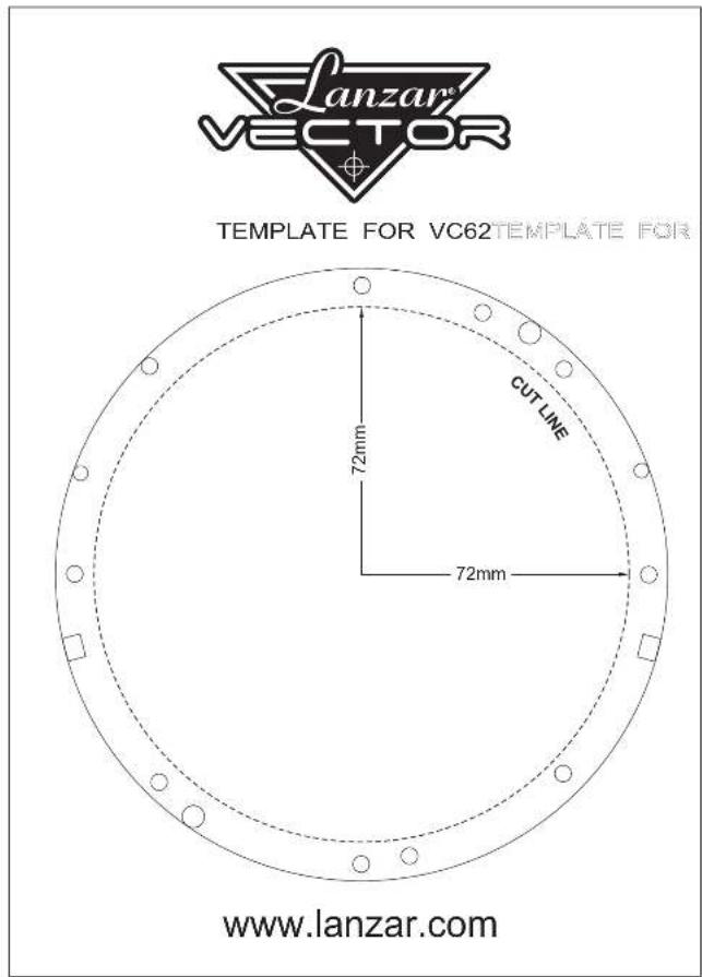 Lanzar VECTOR TEMPLATE FOR VC62 TEMPLATE FOR 72mm CUT LINE 72mm www.lanzar.com