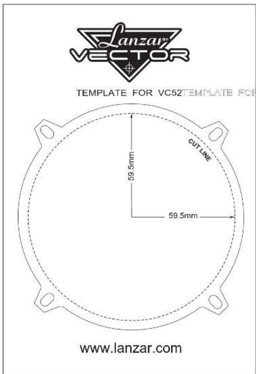Lanzar VECTOR TEMPLATE FOR VC52 TEMPLATE FOR 59.5mm 59.5mm CUT LINE www.lanzar.com