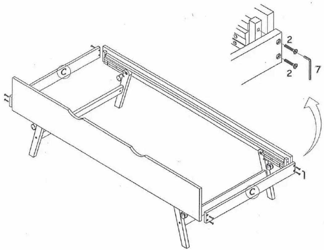 Technical diagram of a mechanical frame assembly with labeled components and a schematic view showing assembly details.