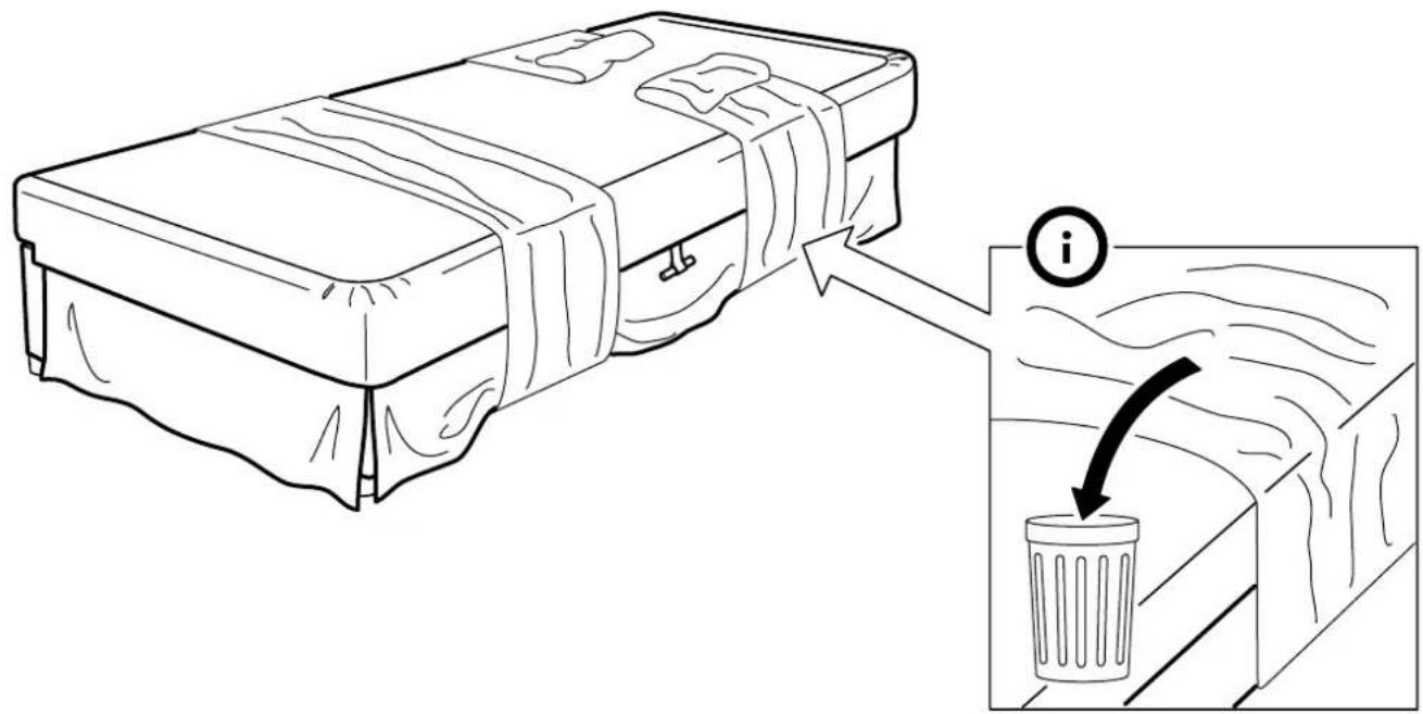 Diagram showing a device with straps and a magnified view of a trash bin with an arrow indicating flow direction.