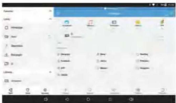 Screenshot of a mobile app interface showing menu options and a grid of app icons with labels like 'New', 'Open', and 'Delete'.