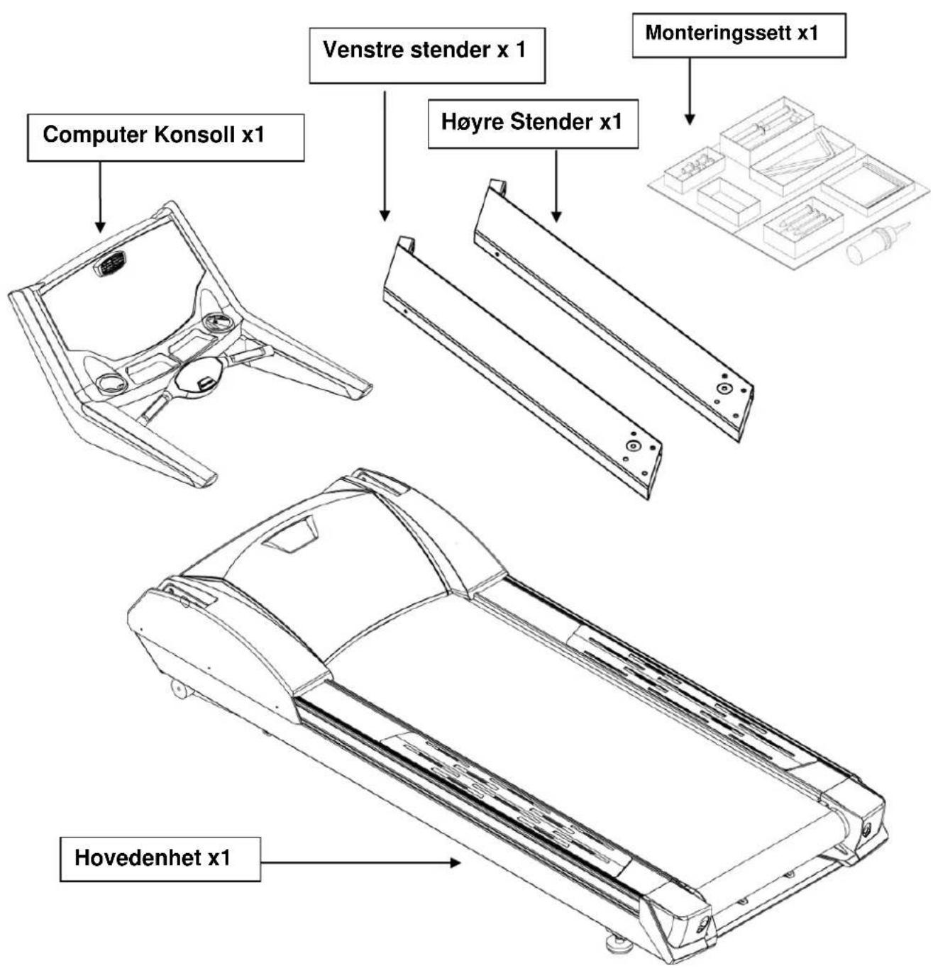 Computer Konsoll x1 Venstre stender x 1 Høyre Stender x1 Monteringssett x1 Hovedenhet x1