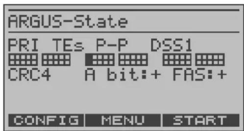 ARGUS-State PRI TEs P-P DSS1 CRC4 A bit: + FAS: + CONFIG MENU START