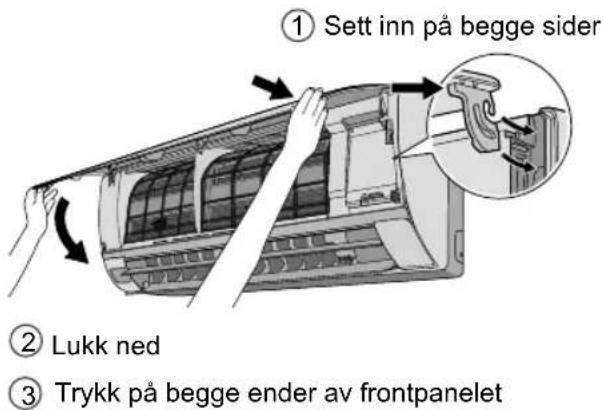 ① Sett inn på begge sider ② Lukk ned ③ Trykk på begge ender av frontpanelet