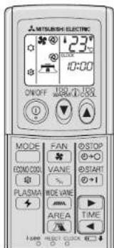 MITSUBISHI ELECTRIC 123°C 10:00 ON/OFF TURU VANUE STOP MODE FAN STOP COM/COOL VANE START PLASMA MODE VANE AREA TIME HOLD HOLD COOL