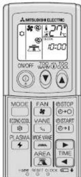 MITSUBISH ELECTRIC ON/OFF 120,0/120 VAN W/0.00 MODE FAN STOP ECON CO VANE START PLASMA MODE VANE AREA TIME +/-
