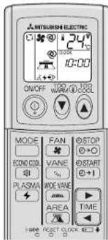 MITSUBISHI ELECTRIC 10:00 ON/OFF W/WR MODE FAN @STOP ECON OOL VANE @START PLASMA MODE VANE AREA TIME + 100 RESET CLOCK