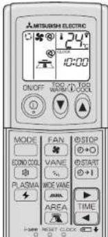 MITSUBISH ELECTRIC ON/OFF TOD. 100 ° TOG MOLEC COOL MODE FAN STOP CONCOOL VANE START PLASMA WIDE VANE AREA TIME i=up NEXT CLOCK