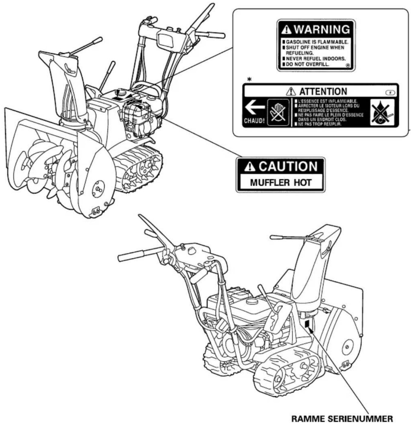 WARNING ■ GASOLINE IS FLAMMABLE. ■ SHUT OFF ENGINE WHEN REFUELING. ■ NEVER REFUEL INDOORS. ■ DO NOT OVERFILL. * ATTENTION ← CHAUD! ■ L'ESSENCE EST INFLAMMABLE. ■ ARRECTER LE MOTEUR LORS DU REMPUSSAGE D'ESSENCE. ■ NE PAS FAIRE LE PLEIN D'ESSENCE DANS UN ENDROIT CLOS. ■ NE PAS TROP REMPLIR. CAUTION MUFFLER HOT RAMME SERIENUMMER
