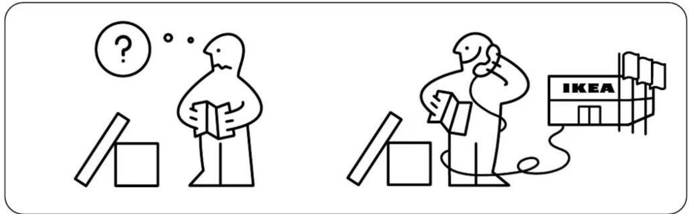 Cartoon illustration showing two people with books and a IKEA building, one thinking with a question mark and the other holding boxes.
