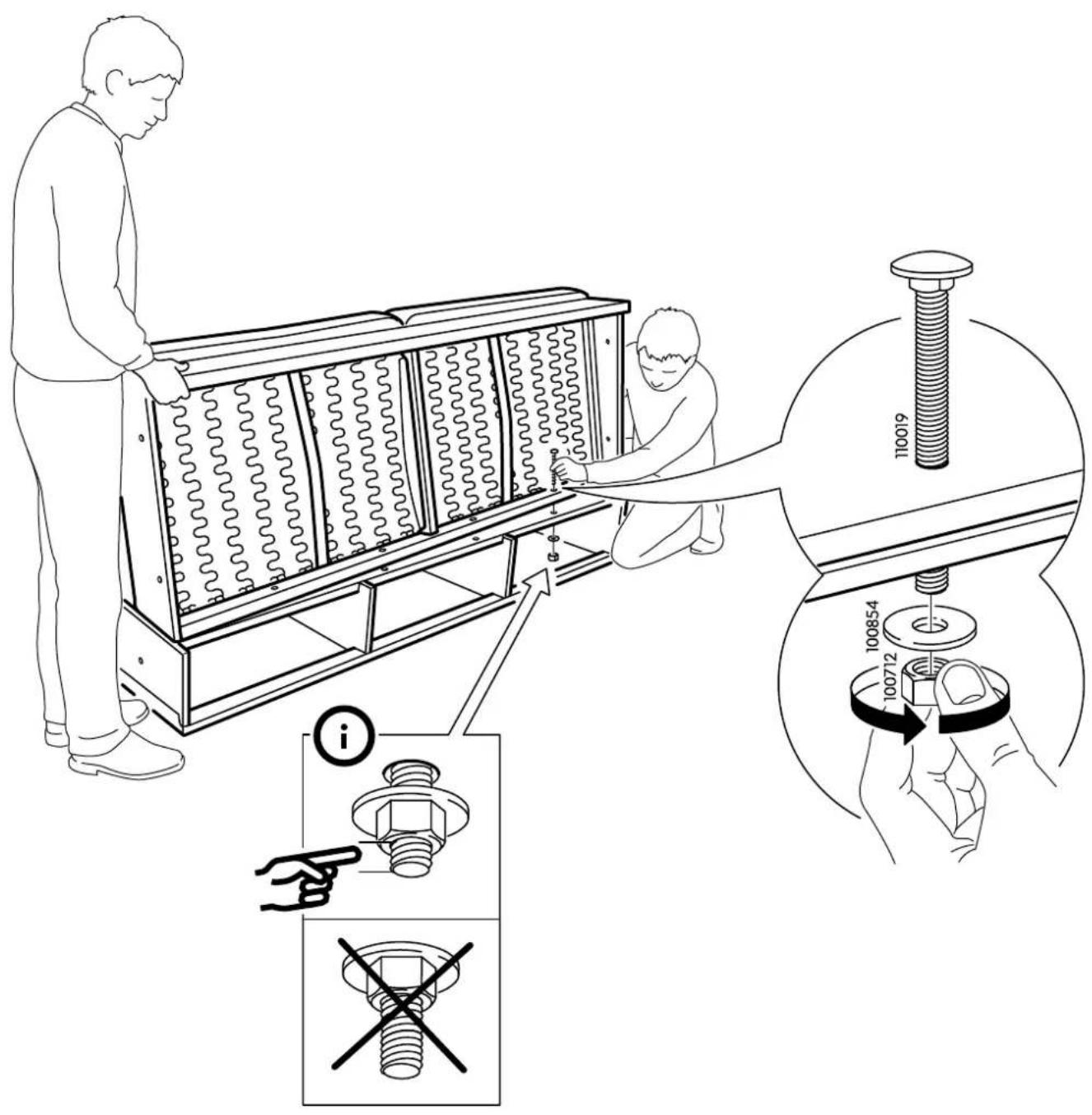 Technical diagram illustrating a mechanical assembly process with workers installing components, including a magnified view of the bolt and nut assembly.
