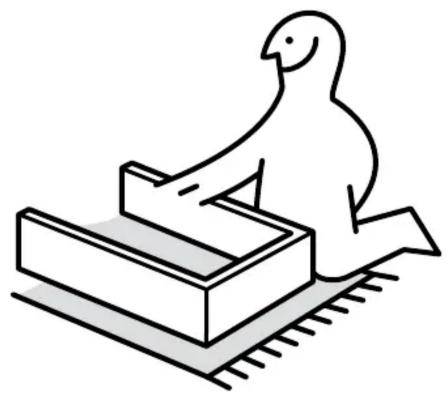 Simple line drawing of a bird interacting with a rectangular object on a textured surface (no text or symbols)