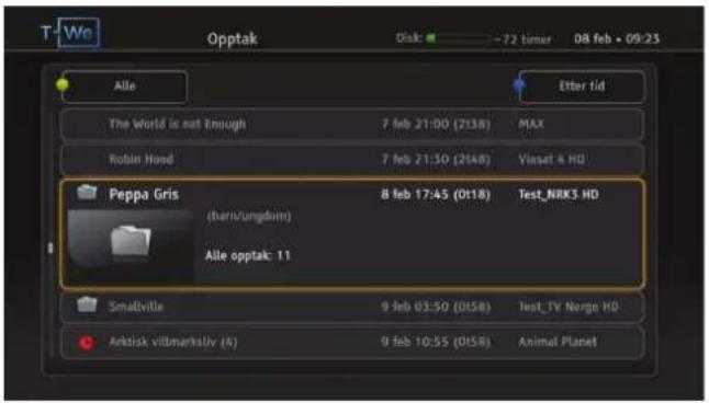 T-We Opptak Disk: 72 tumer 08 feb • 09:25 Alle Etter tid The World is not Enough 7 feb 21:00 (2138) MAX Robin Hood 7 feb 21:50 (2148) Viaset 4 HD Peppa Gris 8 feb 17:45 (0118) Test_NRK3 HD (burn/ungdom) Alle opptak: 11 Smallville 9 feb 03:50 (0158) Test_TV Norga HD Arkisk viltmarksliv (4) 9 feb 10:55 (0158) Animal Planet