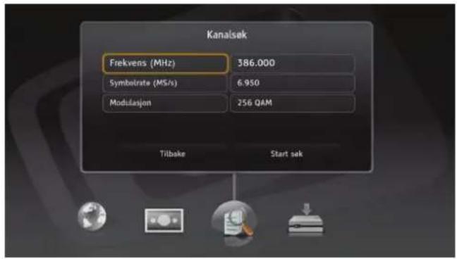 Kanalsek Frekvens (MHz) 386.000 Symbolrate (MS/s) 6.950 Modisasjon 256 QAM Tilbake Start sek