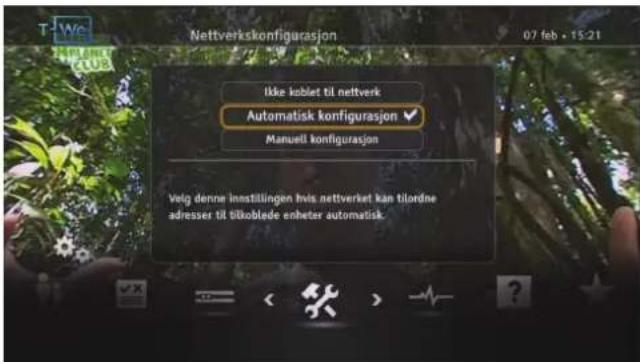 Nettverkskonfigurasjon 07 feb • 15:21 Ikke koblet til nettverk Automatisk konfigurasjon ✓ Manuell konfigurasjon Veig denne innstillingen hvis nettverket kan tilordne adresser til bikkoblede enheter automatisk