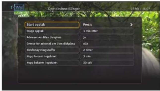 Opptaksinnstillinger 02 feb • 15:07 Start opptak Stopp opptak Adversel om liten diskplass Grense for adversel om liten diskplass Tidsforskyvningsbuffer Hopp forever i opptaket Hopp bakover i opptaket Presis 3 min etter Ja Alle 2 timer 3 min 30 sek
