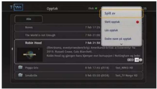 Spill av Slett opptak Lås opptak Endre navn på opptak Alle Bones 7 feb 17:25 The World is not Enough 7 feb 21:00 Robin Hood 7 feb 21:30 (film/drama, eventyr/western/krig) Amerikansk-Britluk aktoneventyr fra 2010. Russell Crowe, Cate Blanchett. Röda Hood og gjengen hems kjernjer met korrupsjon i Nottingham og ledet Poppa Gris 8 feb 17:45 (0118) test_NRK3 HD Smalville 9 feb 03:50 (0158) test_TV Norge HD