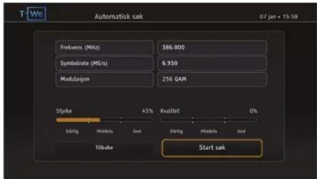 T-We Automatisk sak 07 jan • 15:58 Frekvens (MHz) 386.000 Symbolrate (MS/s) 6.950 Modulasjon 256 QAM Styrke 45% Kvalitet 0% Dårlig Middels Ged Dårlig Middels Ged Tilbake Start sek