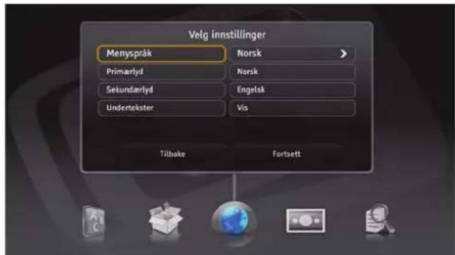 Velg innstillinger Menyspråk Norsk Primarlyd Norsk Sekundarlyd Engelsk Undertekster Vis Tilbake Fortsett