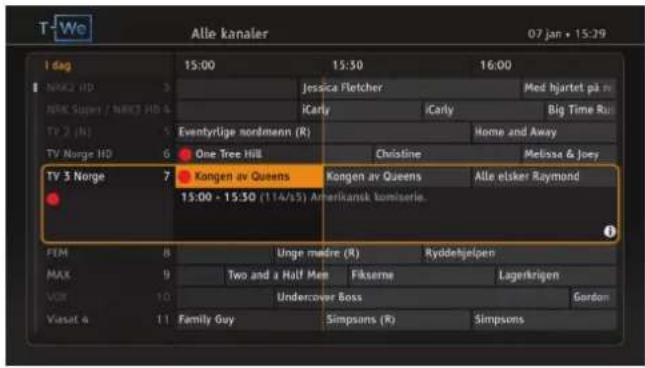 T-We Alle kanaler 07 jan • 15:29 I dag NRK2 HD NRK Super / NRK3 HD & TV 2 (h) TV Norge HD TV 3 Norge FEM MAX VOR Vasut 4 15:00 15:30 Jessica Fletcher iCarly Christine Kongen av Queens Kongen av Queens 15:00 - 15:30 (114/15) Amerikansk tomiserie. 16:00 Med hjartet på tv Big Time Ru Home and Away Melissa & Joey Alle elsker Raymond Gordon Family Guy Simpsons (R) Simpsons