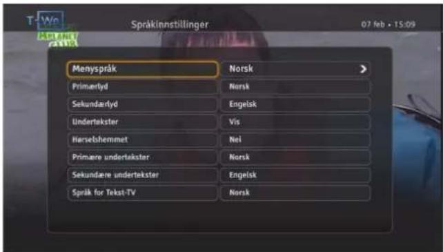 Språkinnstillinger 07 feb • 15:09 Menyspråk Norsk Primuerlyd Norsk Sekundarlyd Engelsk Undertekster Vis Herselshemmet Nei Primäre undertakster Norsk Sekundäre undertakster Engelsk Språk for Tekst-TV Norsk