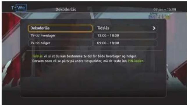 T-We Dekoderlås 07 jan • 15:08 Dekoderlås Tidslås TV-tid hverdager 15:00 - 18:00 TV-tid helger 09:00 - 18:00 Tidslås vil si at du kan bestemme tv-tid før både hverdager og helger. Dersom noen vil se på tv på andre tidspunkter, må de taste inn PIN-koden.