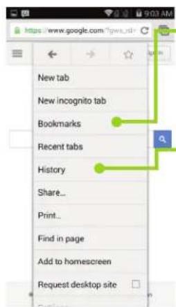 New tab New incognito tab Bookmarks Recent tabs History Share... Print... Find in page Add to homescreen Request desktop site