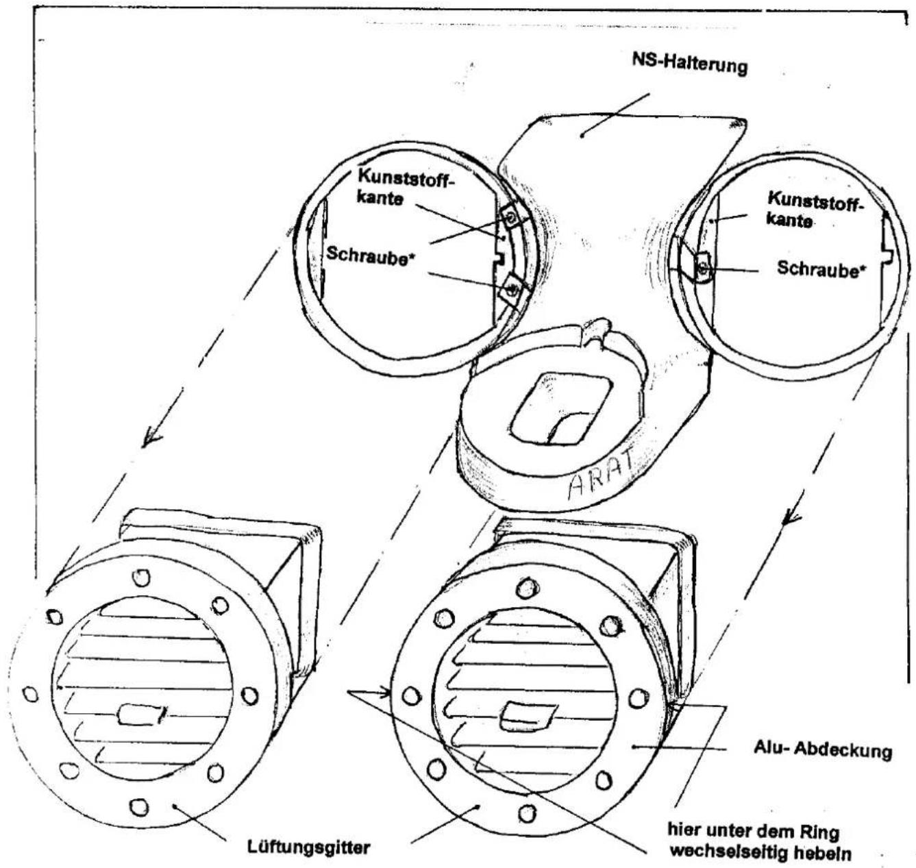 NS-Halterung Kunststoff- kante Schraube* Kunststoff- kante Schraube* ARAT Alu- Abdeckung Lüftungsgitter hier unter dem Ring wechselseitig hebeln