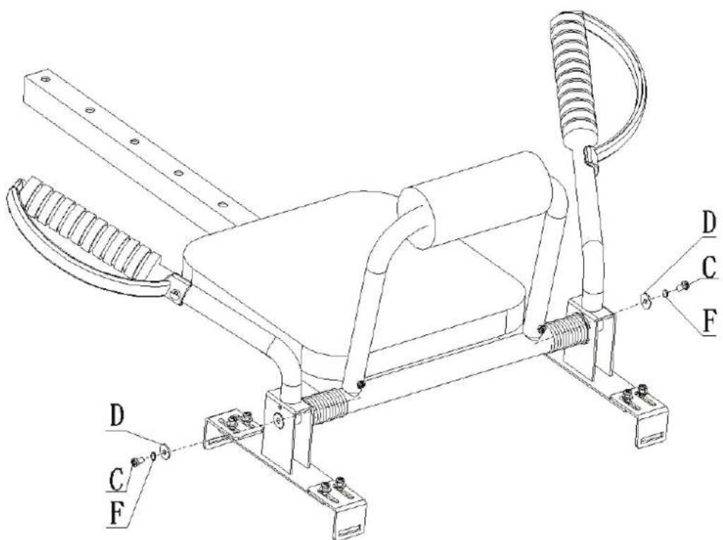 Technical diagram of a mechanical device with labeled components D, C, F and a coiled spring assembly
