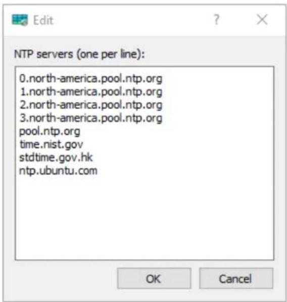Edit NTP servers (one per line): 0.north-america.pool.ntp.org 1.north-america.pool.ntp.org 2.north-america.pool.ntp.org 3.north-america.pool.ntp.org pool.ntp.org time.nist.gov stdtime.gov.hk ntp.ubuntu.com OK Cancel
