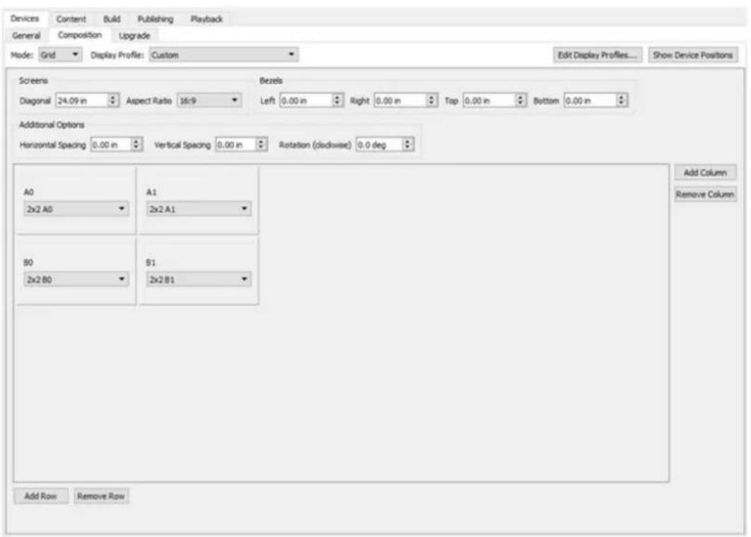 Devices General Composition Build Publishing Playback Upgrade Mode: Grid Display Profile: Custom Edit Display Profiles... Show Device Positions Screens Diagonal 24.09 in Aspect Ratio 16:9 Bezels Left 0.00 in Right 0.00 in Top 0.00 in Bottom 0.00 in Additional Options Horizontal Spacing 0.00 in Vertical Spacing 0.00 in Rotation (clockwise) 0.0 deg A0 2x2 A0 A1 2x2 A1 B0 2x2 B0 B1 2x2 B1 Add Row Remove Row Add Column Remove Column