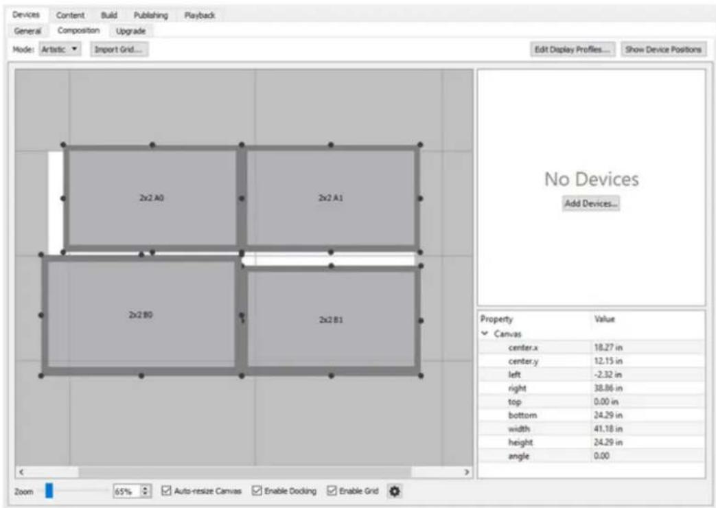 Devices General Composition Import Grid... Edit Display Profiles... Show Device Positions 2x2 A0 2x2 A1 2x2 B0 2x2 B1 No Devices Add Devices... Property Value Canvas center.x 18.27 in center.y 12.15 in left -2.32 in right 38.86 in top 0.00 in bottom 24.29 in width 41.18 in height 24.29 in angle 0.00 Zoom 65% Auto-resize Canvas Enable Docking Enable Grid