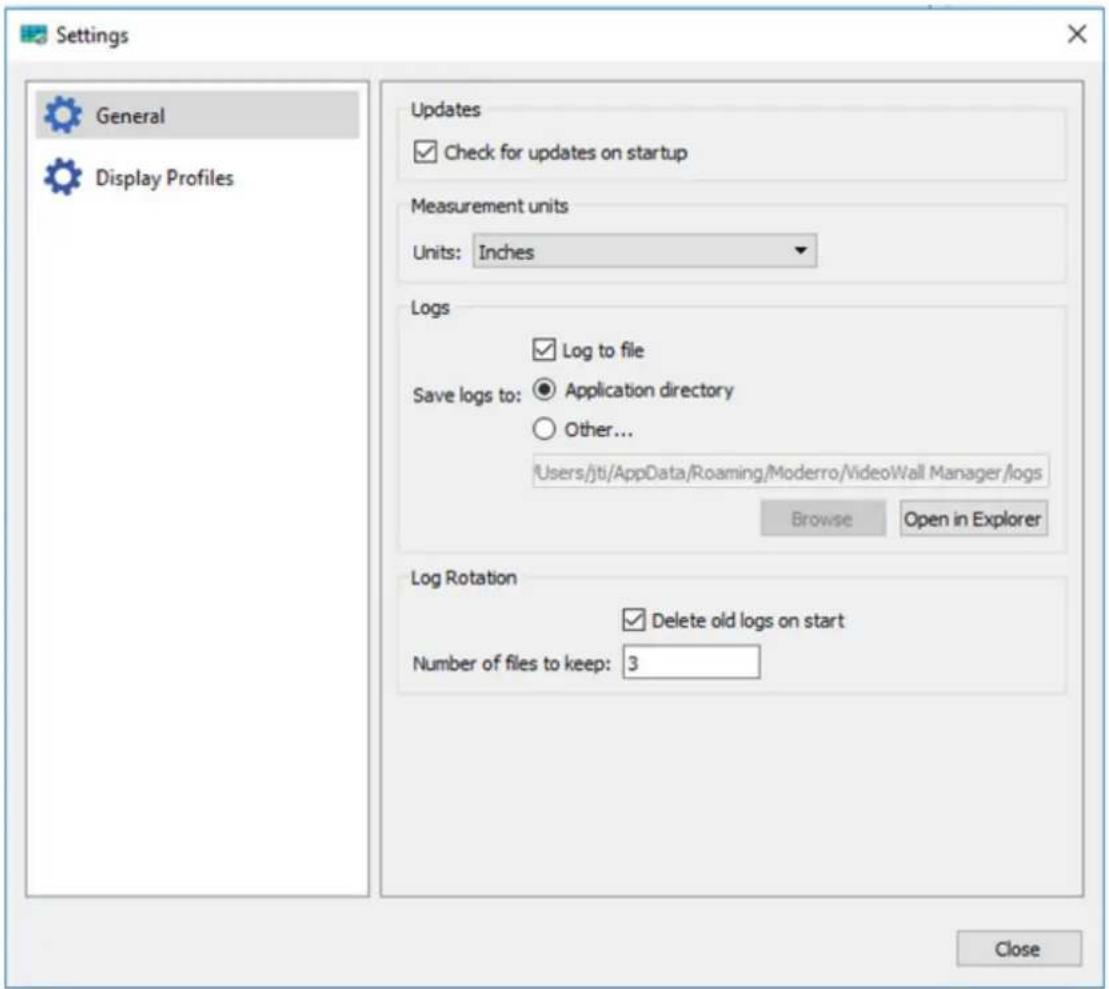 Settings General Display Profiles Updates Check for updates on startup Measurement units Units: Inches Logs Log to file Save logs to: Application directory Other... /Users/jti/AppData/Roaming/Moderro/VideoWall Manager/logs Browse Open in Explorer Log Rotation Delete old logs on start Number of files to keep: 3 Close