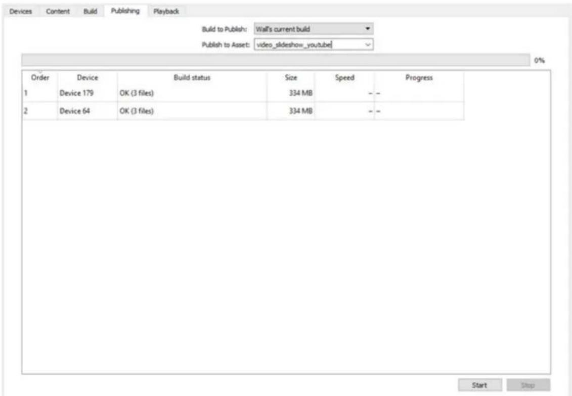 Build to Publish: Wall's current build Publish to Asset: video_slideshow_youtube Order Device Build status Size Speed Progress 1 Device 179 OK (3 files) 334 MB -- - 2 Device 64 OK (3 files) 334 MB -- - Start Stop