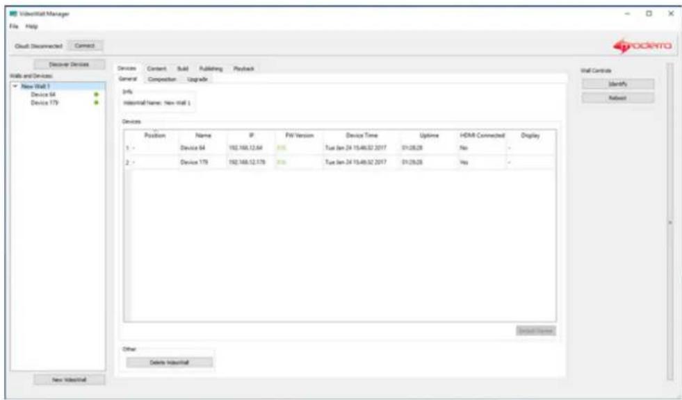 Voletfall Manager File Help Cloud: Disconnected Connect Discover Devices Walls and Devices New Wall 1 Device 64 Device 179 General Composition Upgrade Info: Industrial Name: New Wall 1 Devices Position Name IP FW Version Device Time Uptime HDMI Connected Display 1 - Device 64 192.168.12.64 Yes Tue Jan-24 15:48:32 2017 01:28:28 No - 2 - Device 179 192.168.12.179 Yes Tue Jan-24 15:48:32 2017 01:28:28 Yes - Other Delete Industrial New Industrial Wall Controls Identify Refine