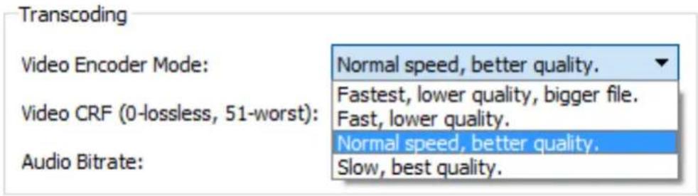 Transcoding Video Encoder Mode: Video CRF (0-lossless, 51-worst): Audio Bitrate: Normal speed, better quality. Fastest, lower quality, bigger file. Fast, lower quality. Normal speed, better quality. Slow, best quality.
