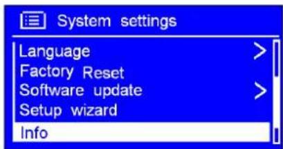 System settings Language > Factory Reset > Software update > Setup wizard Info