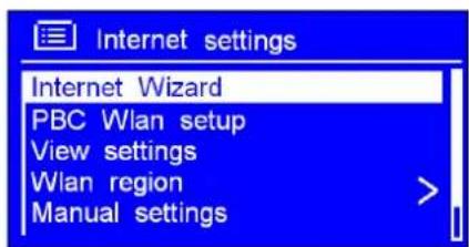 Internet settings Internet Wizard PBC Wlan setup View settings Wlan region Manual settings
