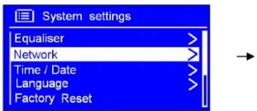 System settings Equaliser > Network > Time / Date > Language > Factory Reset >