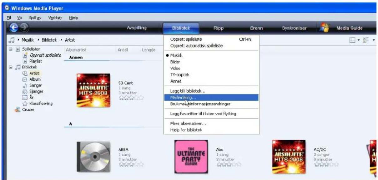 Windows Media Player File Vis Spill ov Vortkay Hjop Avspilling Bibliotek Ripp Brenn Synkroniser Media Guide Musikk > Bibliotek > Artist Spillelister Opprett spilleliste Playlist Bibliotek Artist Album Sanger Sjanger År Klassifisering Cruzer Albumartist Antall Langde Annen 50 Cent 1 sang 3 minutter ABSOLUTE HITS 2008 A ABBA 1 sang 3 minutter Benedelings... Bruk meju informasjonsandringer Legg favorittar til i listen ved flysting Flare alternativer... Help for bibliotek Opprett spilleliste Ctrl+HNI Opprett automatisk spilleliste ● Musikk Bilder Video TV-opptak Annet Legg til i bibliotek... Mediedeling... Bruk meju informasjonsandringer Legg favorittar til i listen ved flysting Flare alternativer... Help for bibliotek