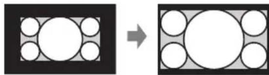 Diagram showing a transformation from a rectangular frame with circular cutouts to a grid-patterned rectangle (no text or symbols)