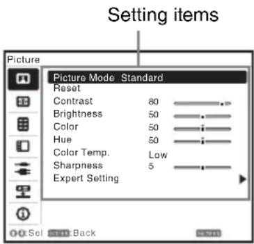 Setting items Picture Picture Mode Standard Reset Contrast 80 Brightness 50 Color 50 Hue 50 Color Temp. Low Sharpness 5 Expert Setting