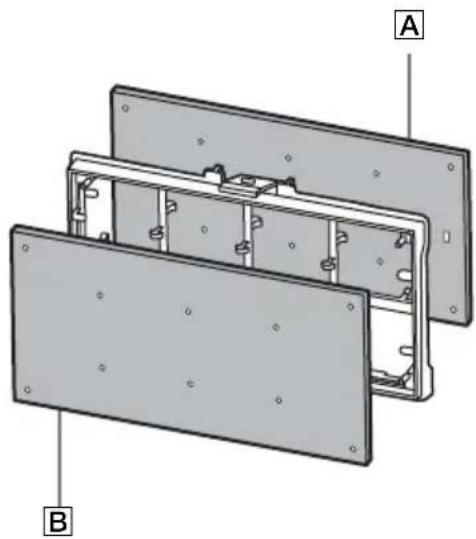 Exploded view diagram of a multi-panel electronic device showing internal components and mounting holes (no text or symbols)