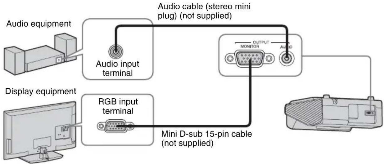 graph TD A["Audio equipment"] --> B["Audio input terminal"] C["Display equipment"] --> D["RGB input terminal"] B --> E["Audio cable (stereo mini plug) (not supplied)"] D --> F["Mini D-sub 15-pin cable (not supplied)"] E --> G["OUTPUT MONITOR"] F --> H["Audio"]