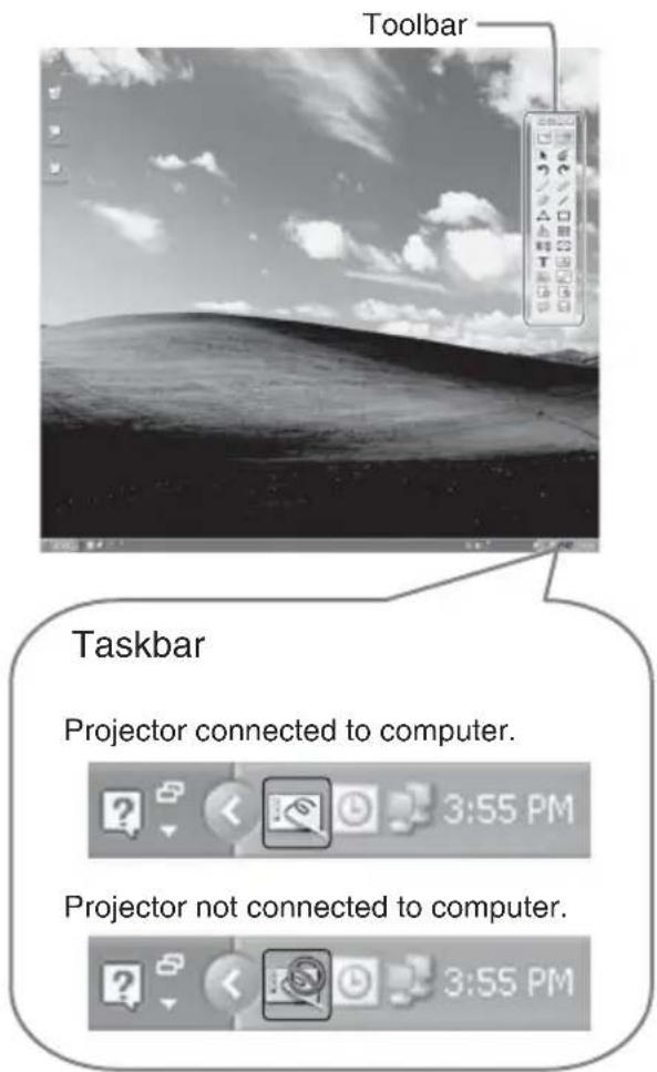 Toolbar Taskbar Projector connected to computer. 3:55 PM Projector not connected to computer. 3:55 PM