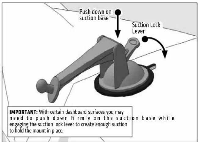 Push down on suction base Suction Lock Lever IMPORTANT: With certain dashboard surfaces you may need to push down firmly on the suction base while engaging the suction lock lever to create enough suction to hold the mount in place.