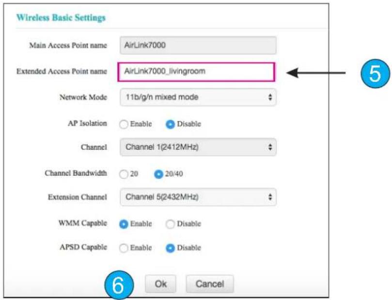 Wireless Basic Settings Main Access Point name AirLink7000 Extended Access Point name AirLink7000_livingroom Network Mode 11b/g/n mixed mode AP Isolation Enable Disable Channel Channel 1(2412MHz) Channel Bandwidth 20 20/40 Extension Channel Channel 5(2432MHz) WMM Capable Enable Disable APSD Capable Enable Disable 6 Ok Cancel