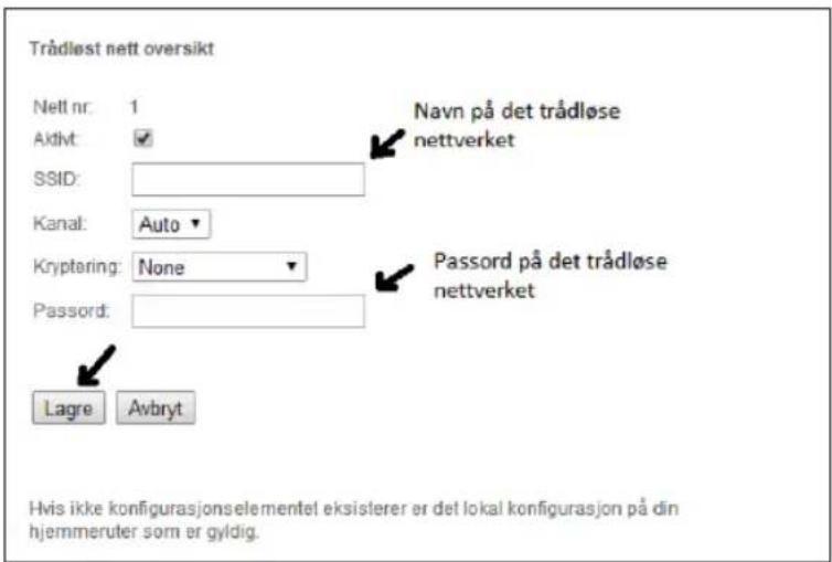 Trådløst nett oversikt Nett nr: 1 Aktivt: ✓ SSID: Kanal: Auto ▼ Kryptering: None ▼ Passord: Lagre Avbryt Navn på det trådløse nettverket Passord på det trådløse nettverket Hvis ikke konfigurasjonselementel eksisterer er det lokal konfigurasjon på din hjemmeruter som er gyldig.